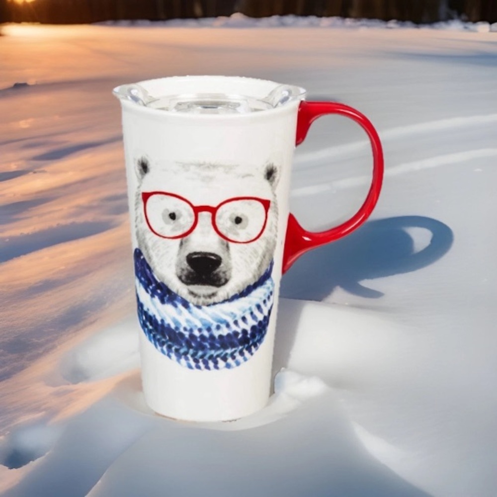 Cypress Home 17oz Ceramic Snowman holiday Travel Mug with Lid Blue Red White